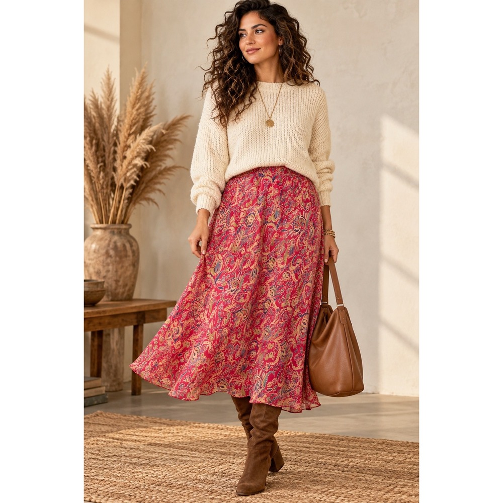 Indira Pink Paisley Rayon Midi Skirt Boho Romantic Flowy 90's Inspired Vintage